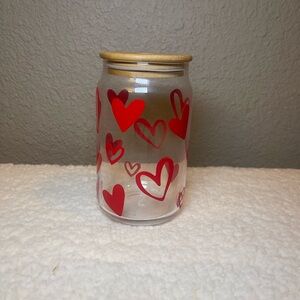 Valentines Day Glass can Heart shaped Tumbler Bamboo lid and Straw .